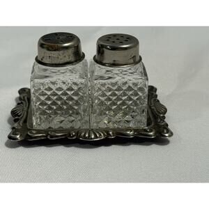 Vintage Mini Salt/Pepper Shakers Crystal with Tray Silver plated